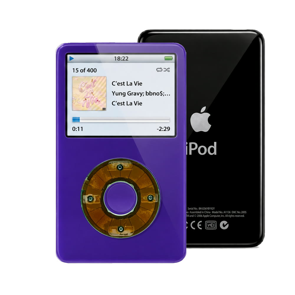 Purple refurbished iPod Video 5.5 Gen with Clear Gray click wheel and Black back plate