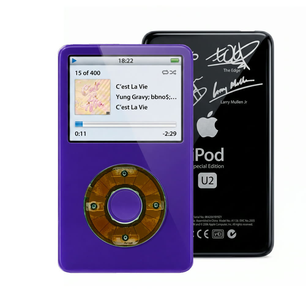 Purple refurbished iPod Video 5.5 Gen with Clear Gray click wheel and Black U2 back plate