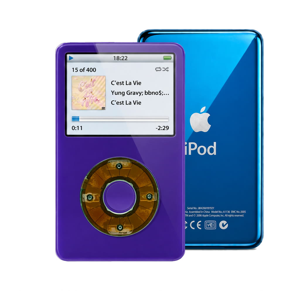 Purple refurbished iPod Video 5.5 Gen with Clear Gray click wheel and Blue back plate