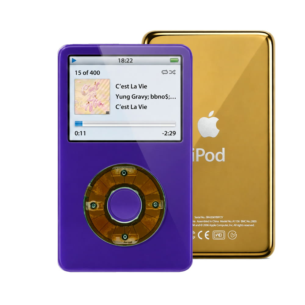 Purple refurbished iPod Video 5.5 Gen with Clear Gray click wheel and Gold back plate