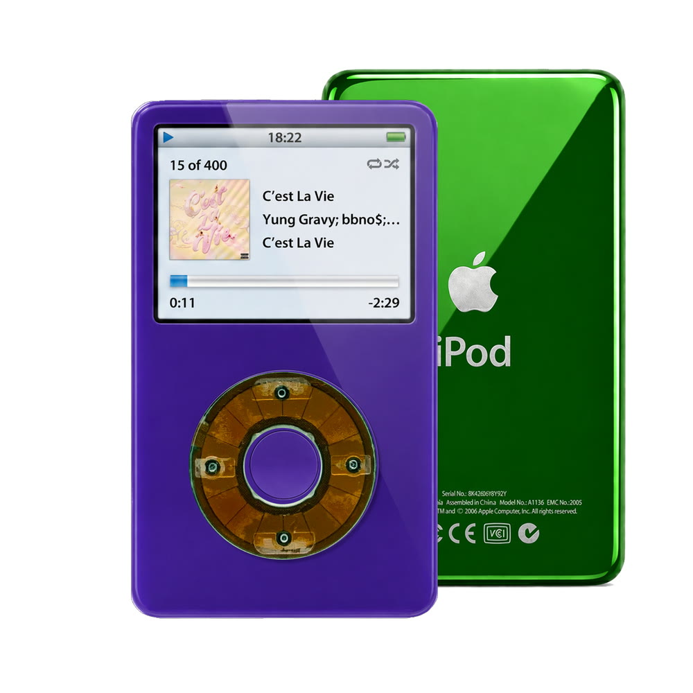Purple refurbished iPod Video 5.5 Gen with Clear Gray click wheel and Green back plate