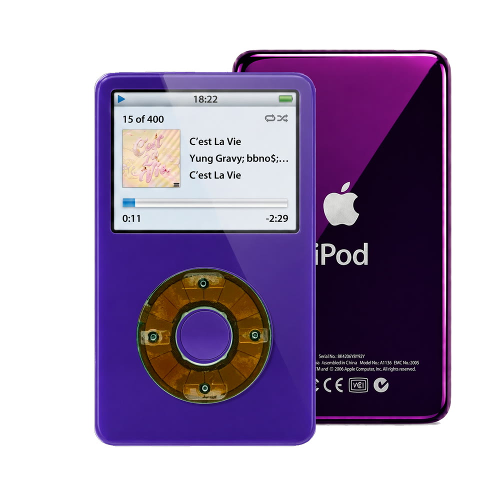 Purple refurbished iPod Video 5.5 Gen with Clear Gray click wheel and Purple back plate