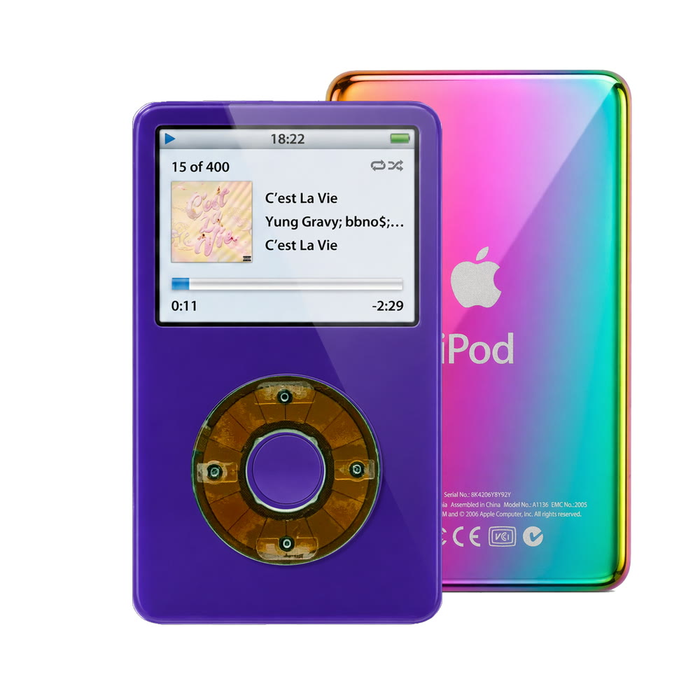 Purple refurbished iPod Video 5.5 Gen with Clear Gray click wheel and Rainbow back plate