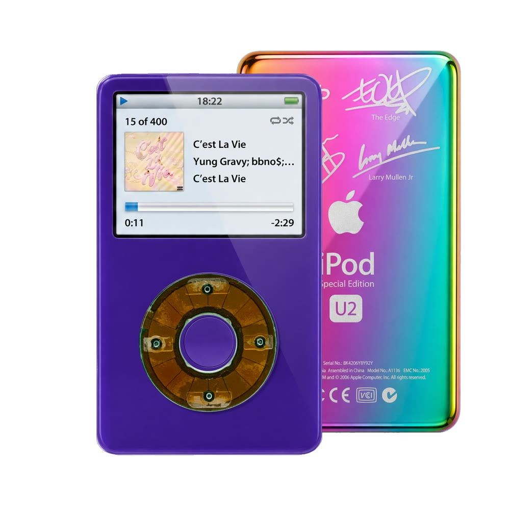 Purple refurbished iPod Video 5.5 Gen with Clear Gray click wheel and Rainbow U2 back plate
