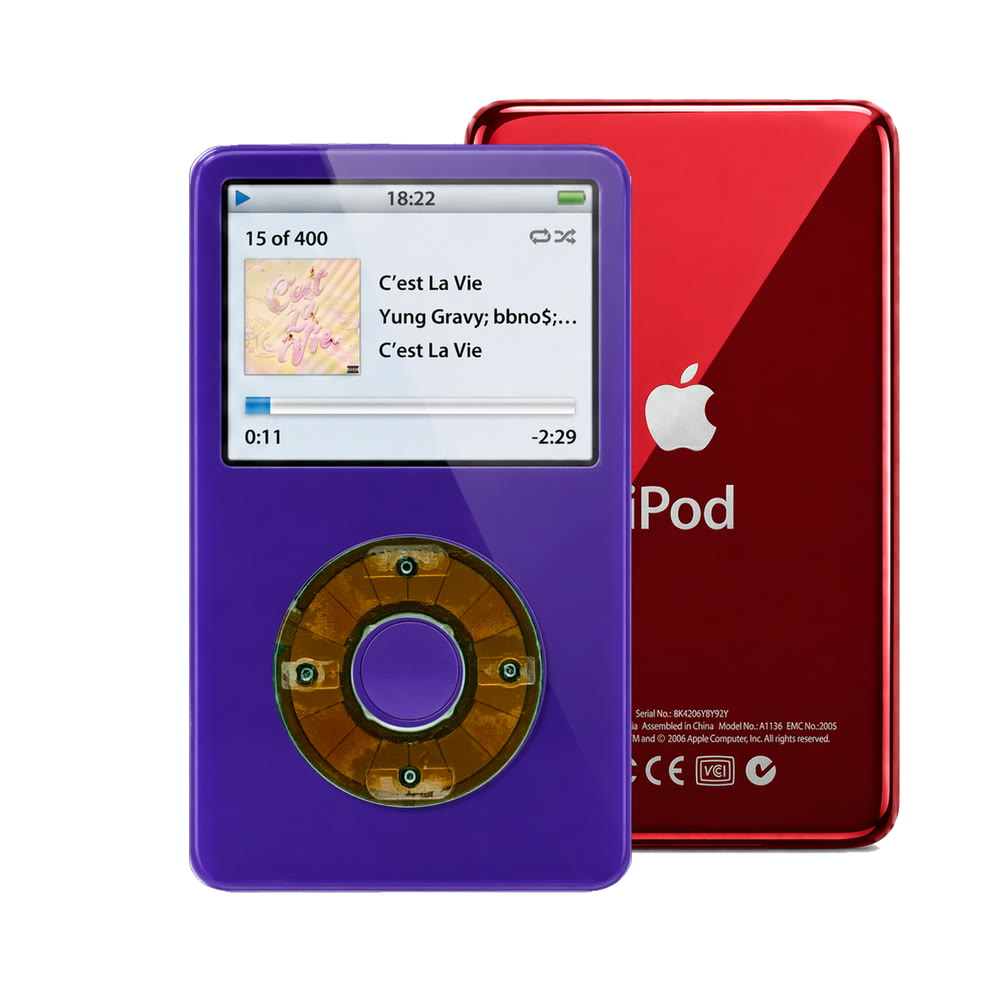 Purple refurbished iPod Video 5.5 Gen with Clear Gray click wheel and Red back plate