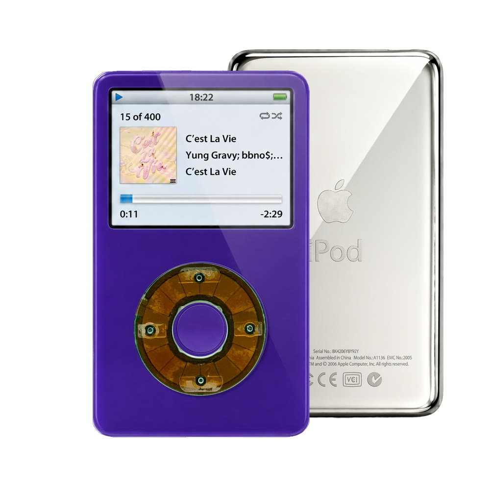 Purple refurbished iPod Video 5.5 Gen with Clear Gray click wheel and Silver back plate