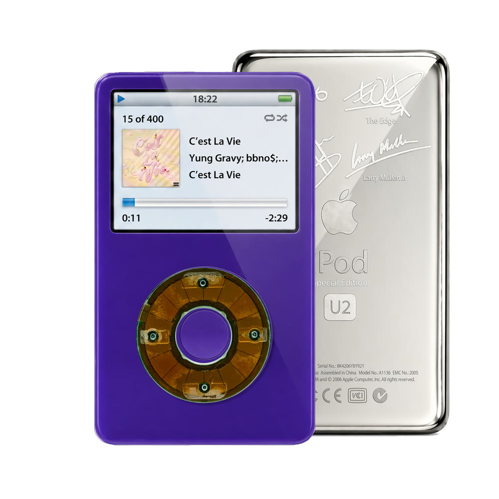 Purple refurbished iPod Video 5.5 Gen with Clear Gray click wheel and Silver U2 back plate