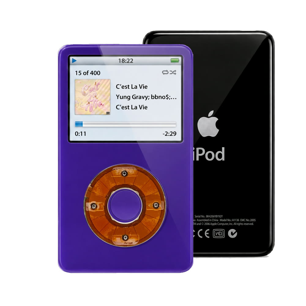 Purple refurbished iPod Video 5.5 Gen with Clear click wheel and Black back plate