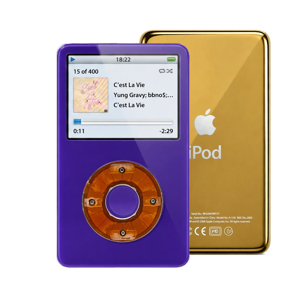 Purple refurbished iPod Video 5.5 Gen with Clear click wheel and Gold back plate