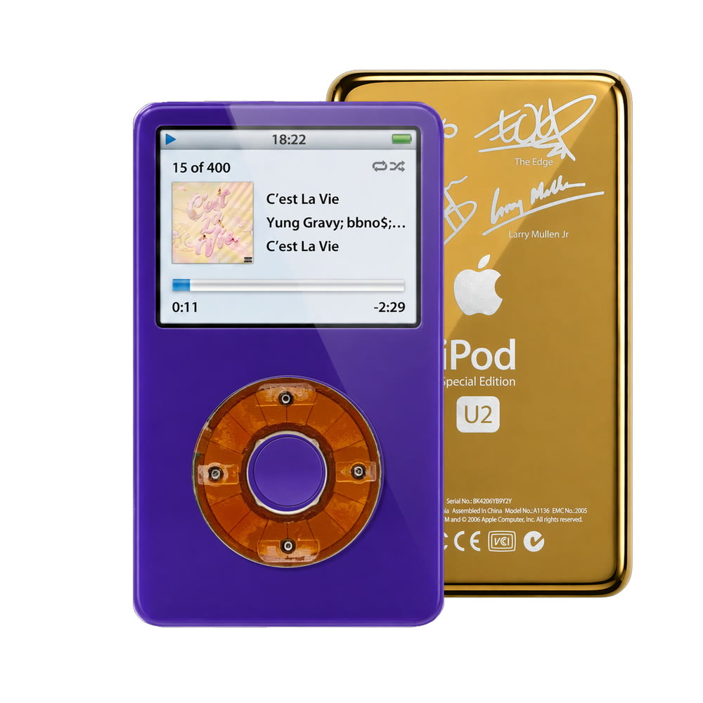 Purple refurbished iPod Video 5.5 Gen with Clear click wheel and Gold U2 back plate