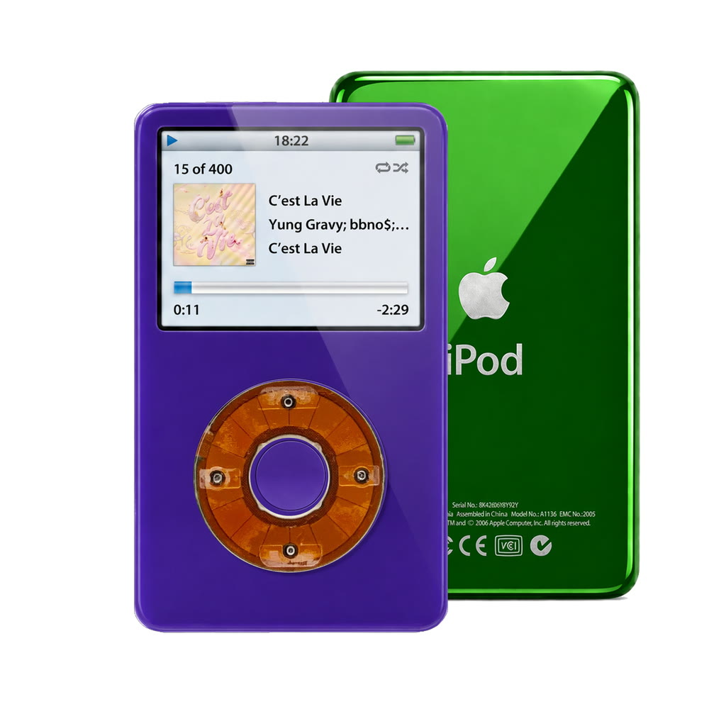 Purple refurbished iPod Video 5.5 Gen with Clear click wheel and Green back plate