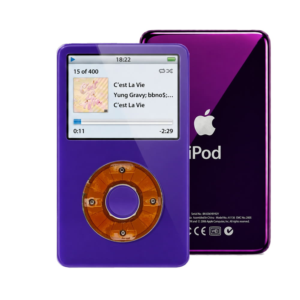 Purple refurbished iPod Video 5.5 Gen with Clear click wheel and Purple back plate