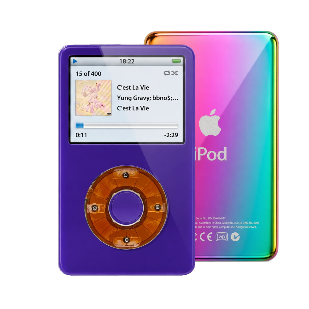 Purple refurbished iPod Video 5.5 Gen with Clear click wheel and Rainbow back plate