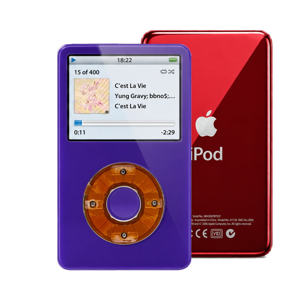 Purple refurbished iPod Video 5.5 Gen with Clear click wheel and Red back plate