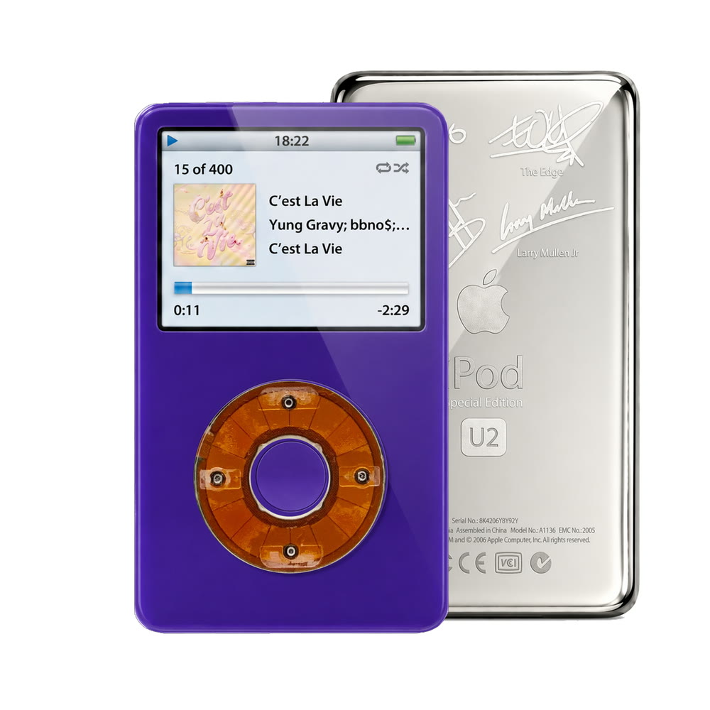 Purple refurbished iPod Video 5.5 Gen with Clear click wheel and Silver U2 back plate