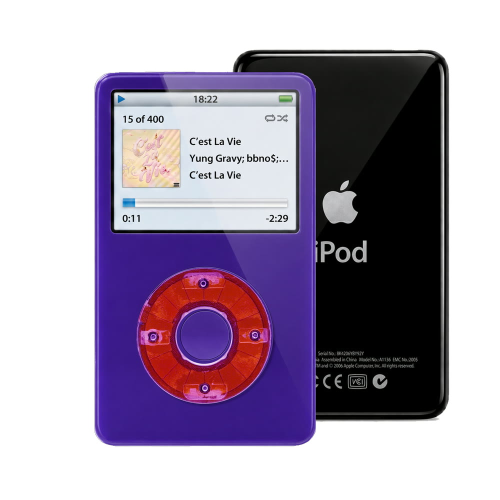 Purple refurbished iPod Video 5.5 Gen with Clear Purple click wheel and Black back plate