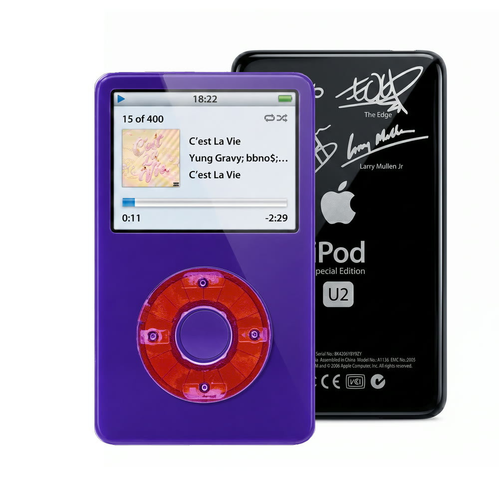 Purple refurbished iPod Video 5.5 Gen with Clear Purple click wheel and Black U2 back plate