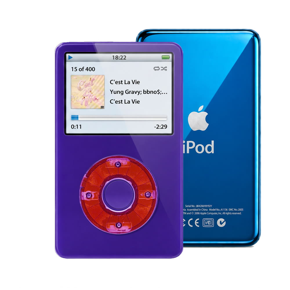Purple refurbished iPod Video 5.5 Gen with Clear Purple click wheel and Blue back plate