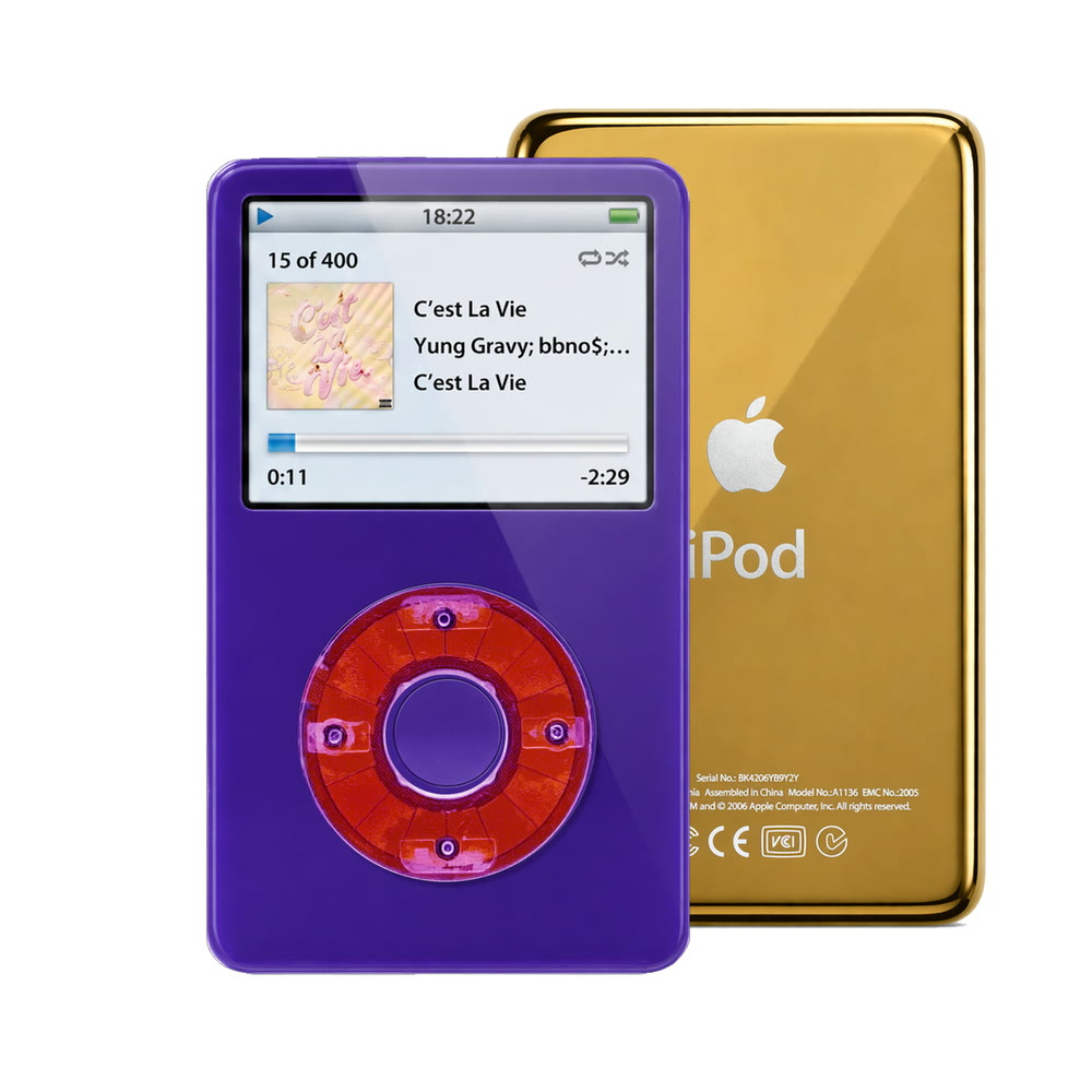 Purple refurbished iPod Video 5.5 Gen with Clear Purple click wheel and Gold back plate