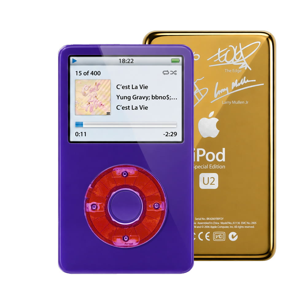 Purple refurbished iPod Video 5.5 Gen with Clear Purple click wheel and Gold U2 back plate