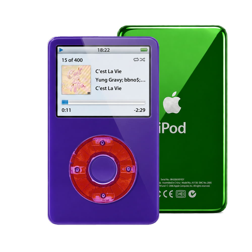 Purple refurbished iPod Video 5.5 Gen with Clear Purple click wheel and Green back plate