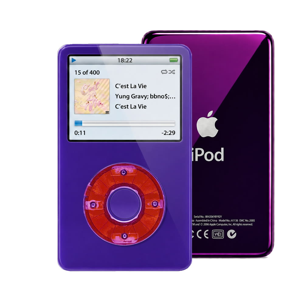 Purple refurbished iPod Video 5.5 Gen with Clear Purple click wheel and Purple back plate