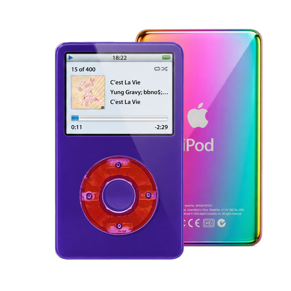 Purple refurbished iPod Video 5.5 Gen with Clear Purple click wheel and Rainbow back plate