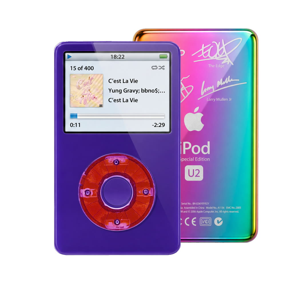 Purple refurbished iPod Video 5.5 Gen with Clear Purple click wheel and Rainbow U2 back plate