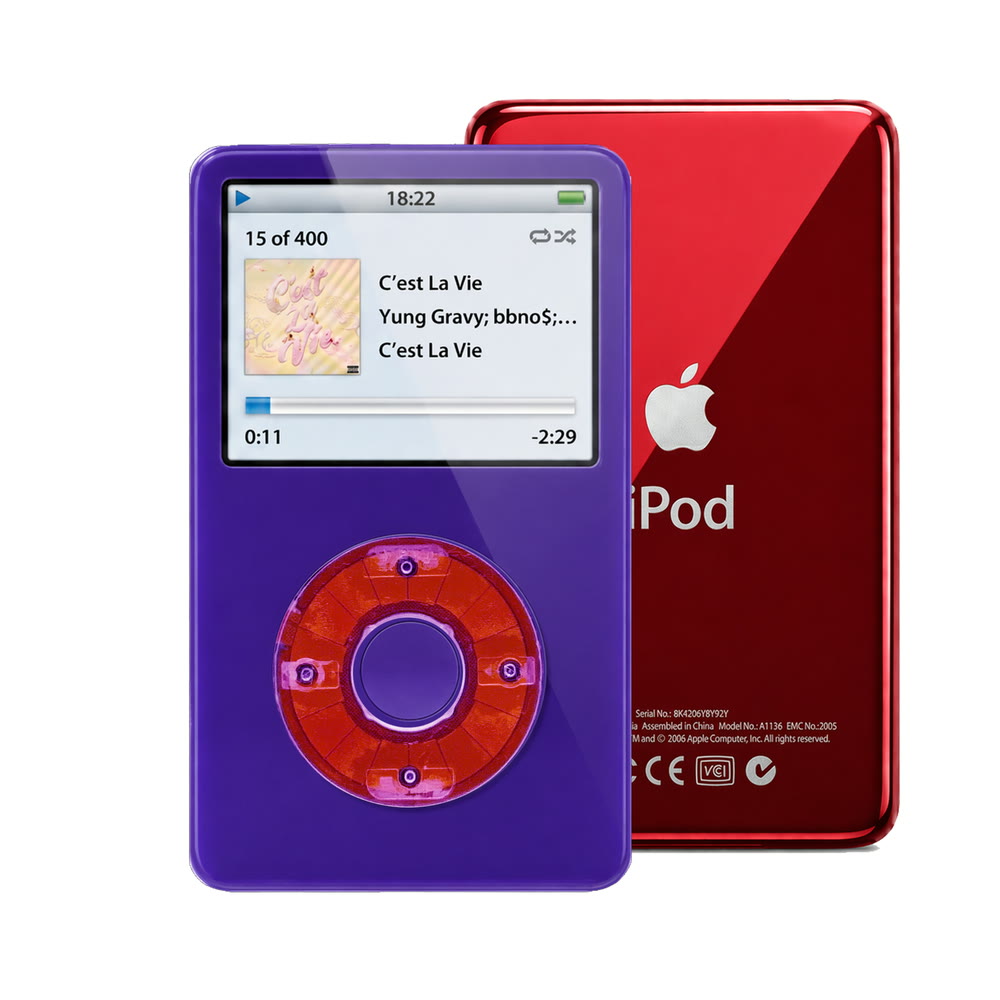Purple refurbished iPod Video 5.5 Gen with Clear Purple click wheel and Red back plate