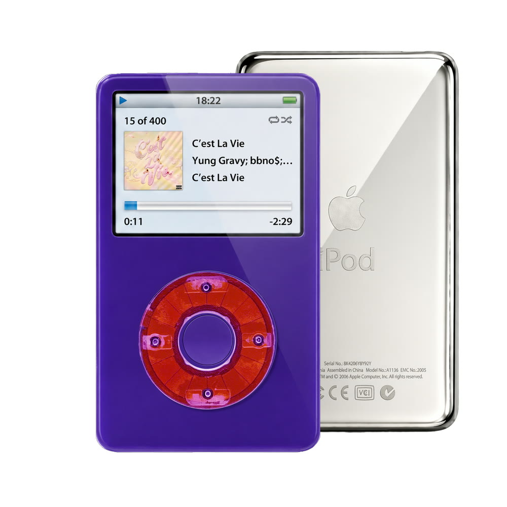 Purple refurbished iPod Video 5.5 Gen with Clear Purple click wheel and Silver back plate