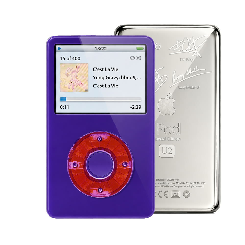 Purple refurbished iPod Video 5.5 Gen with Clear Purple click wheel and Silver U2 back plate
