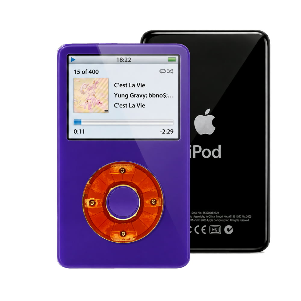 Purple refurbished iPod Video 5.5 Gen with Clear Red click wheel and Black back plate