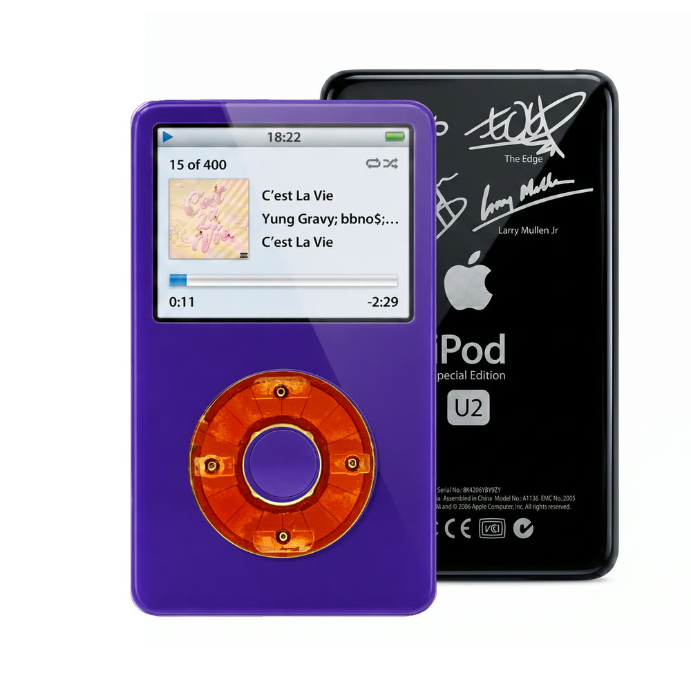 Purple refurbished iPod Video 5.5 Gen with Clear Red click wheel and Black U2 back plate