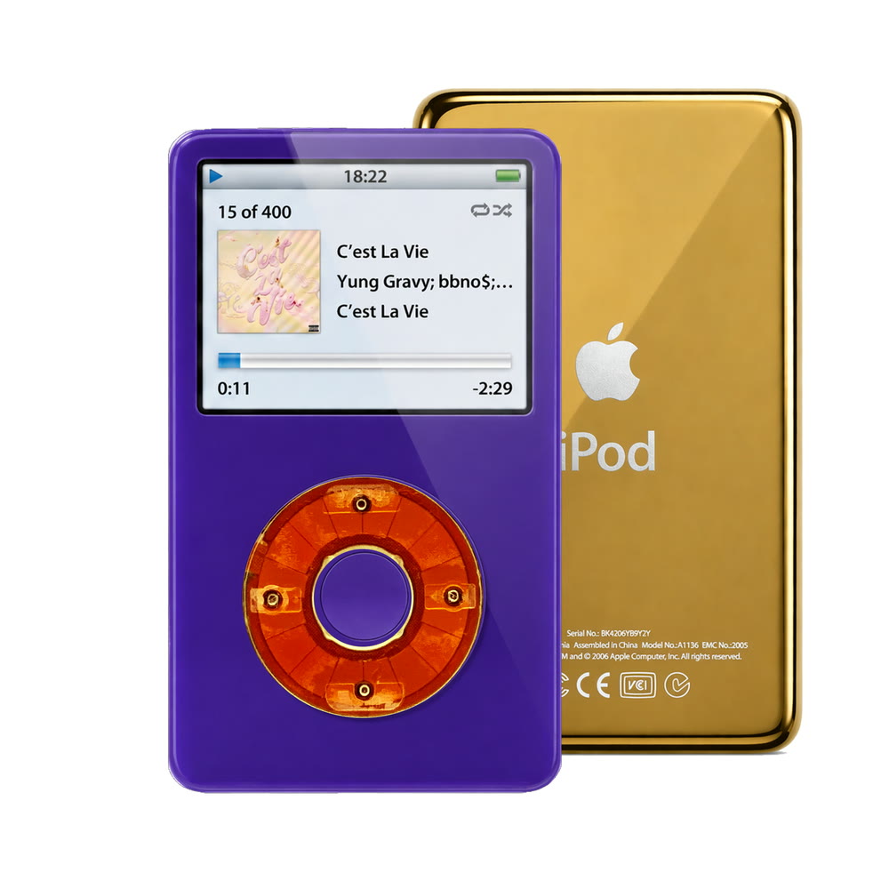 Purple refurbished iPod Video 5.5 Gen with Clear Red click wheel and Gold back plate