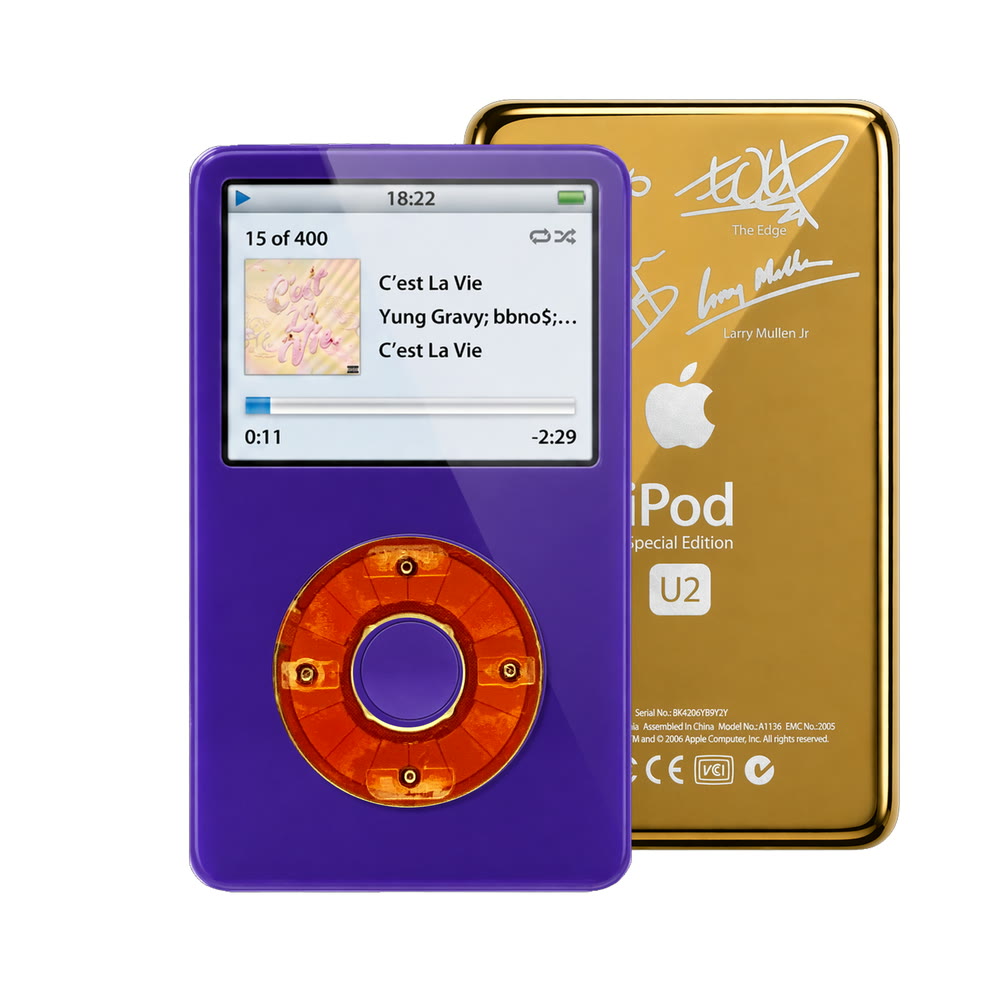 Purple refurbished iPod Video 5.5 Gen with Clear Red click wheel and Gold U2 back plate