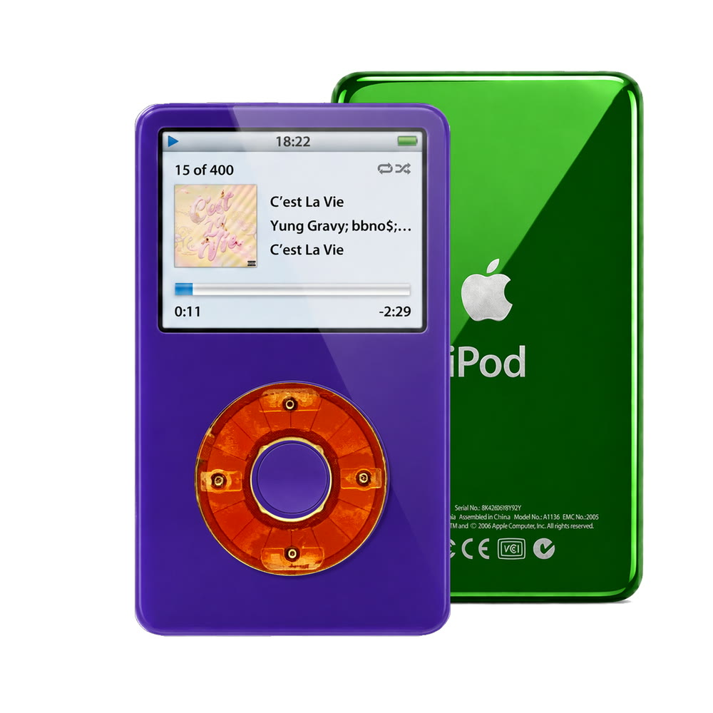 Purple refurbished iPod Video 5.5 Gen with Clear Red click wheel and Green back plate