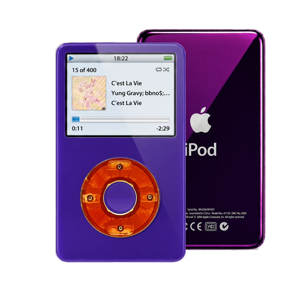 Purple refurbished iPod Video 5.5 Gen with Clear Red click wheel and Purple back plate