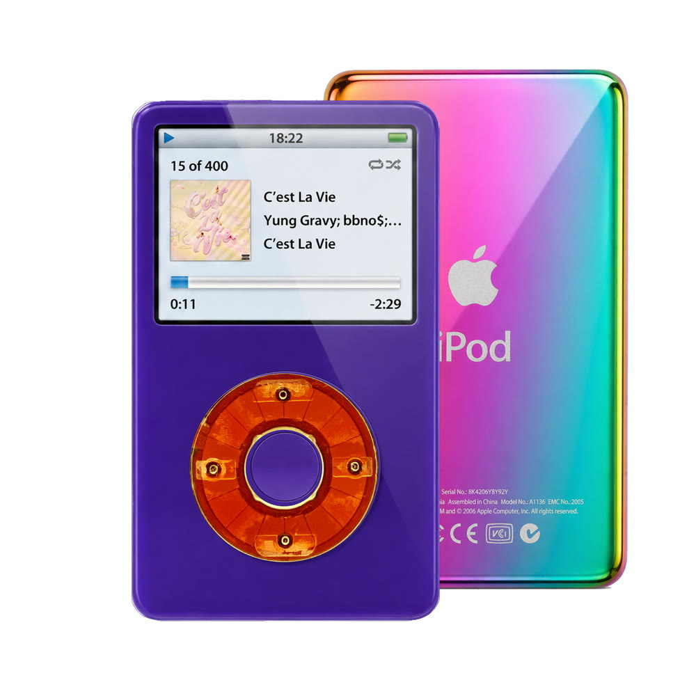 Purple refurbished iPod Video 5.5 Gen with Clear Red click wheel and Rainbow back plate