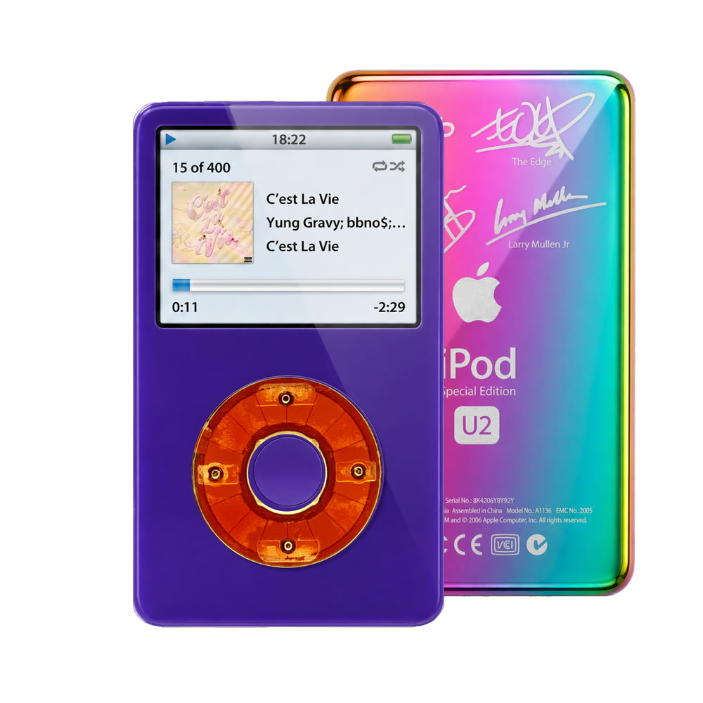 Purple refurbished iPod Video 5.5 Gen with Clear Red click wheel and Rainbow U2 back plate