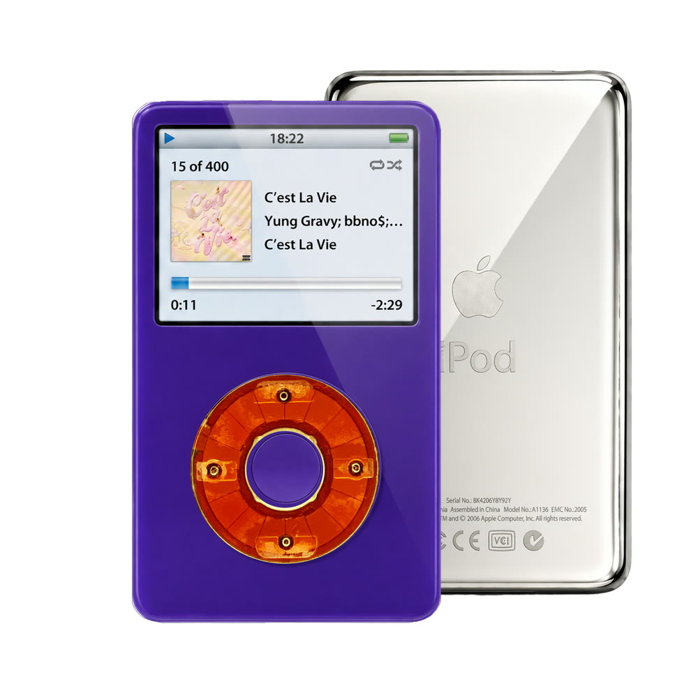 Purple refurbished iPod Video 5.5 Gen with Clear Red click wheel and Silver back plate
