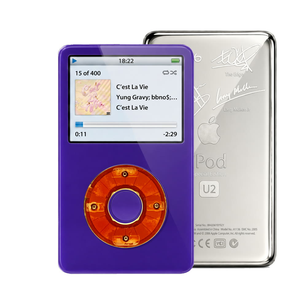Purple refurbished iPod Video 5.5 Gen with Clear Red click wheel and Silver U2 back plate
