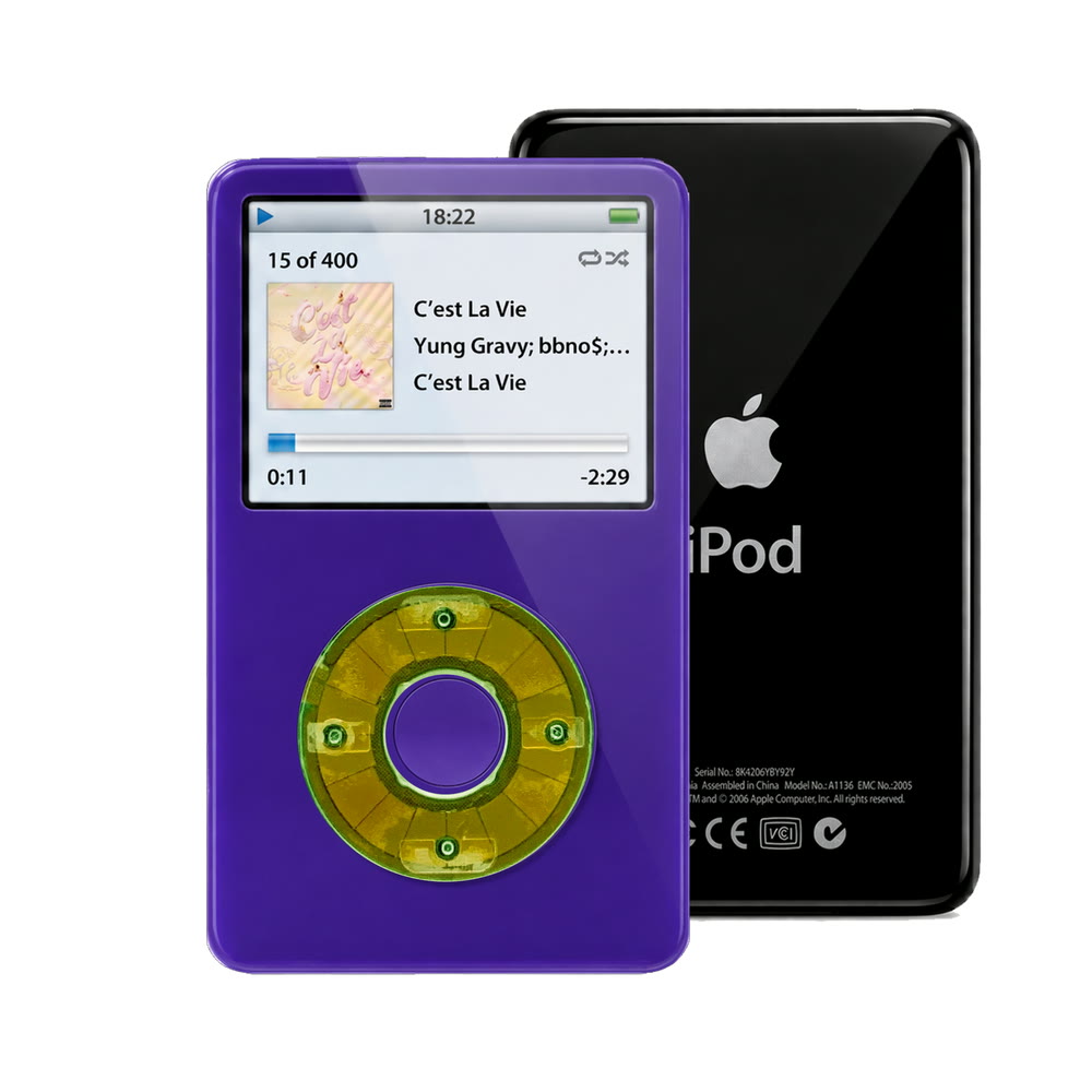 Purple refurbished iPod Video 5.5 Gen with Clear Silver Green click wheel and Black back plate