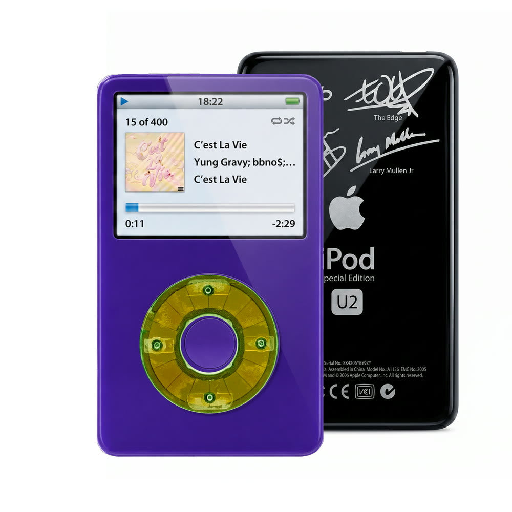 Purple refurbished iPod Video 5.5 Gen with Clear Silver Green click wheel and Black U2 back plate