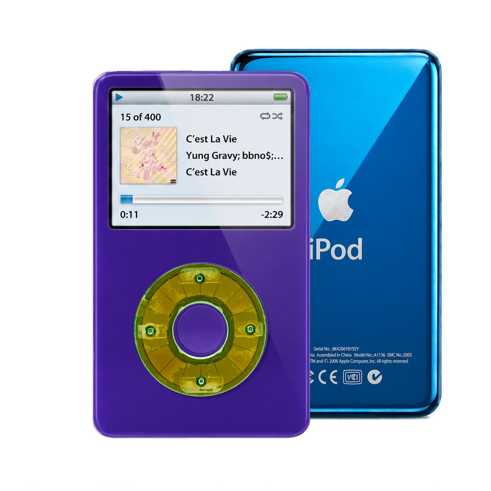 Purple refurbished iPod Video 5.5 Gen with Clear Silver Green click wheel and Blue back plate