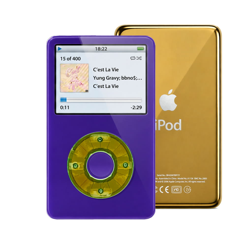 Purple refurbished iPod Video 5.5 Gen with Clear Silver Green click wheel and Gold back plate