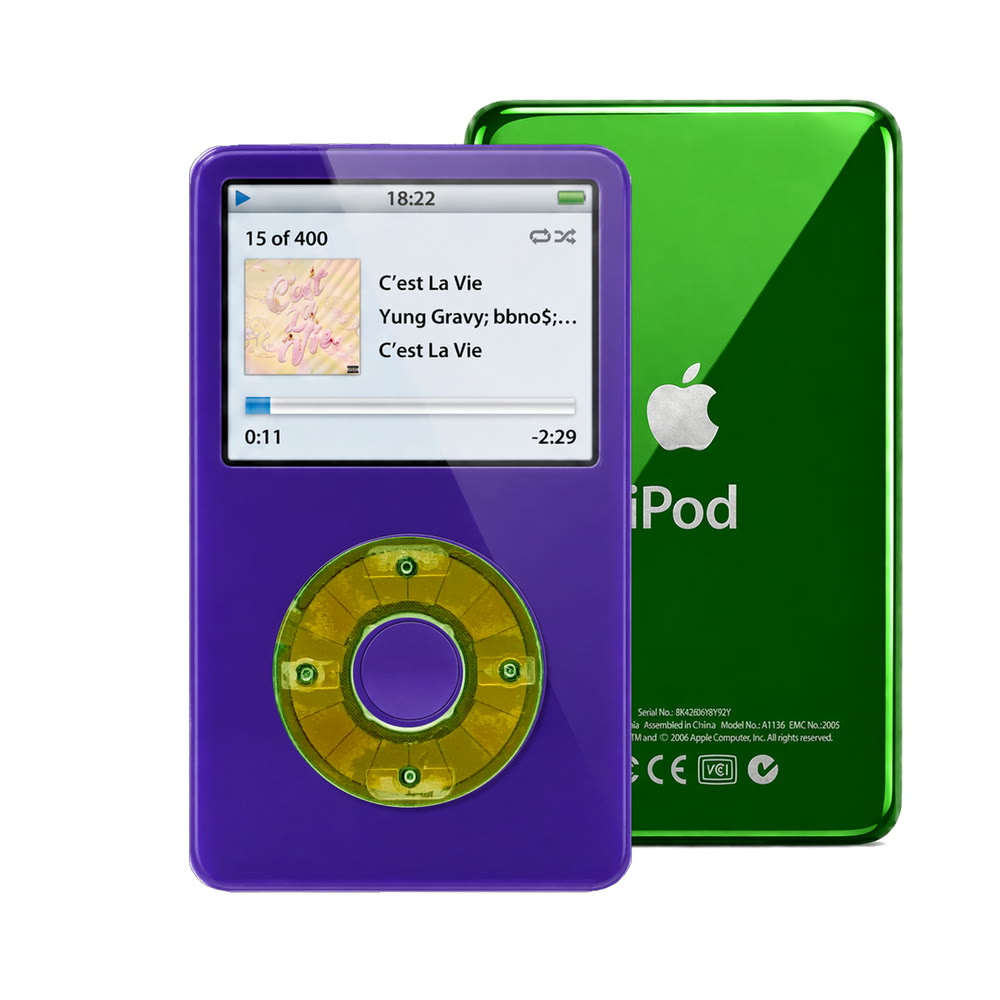 Purple refurbished iPod Video 5.5 Gen with Clear Silver Green click wheel and Green back plate