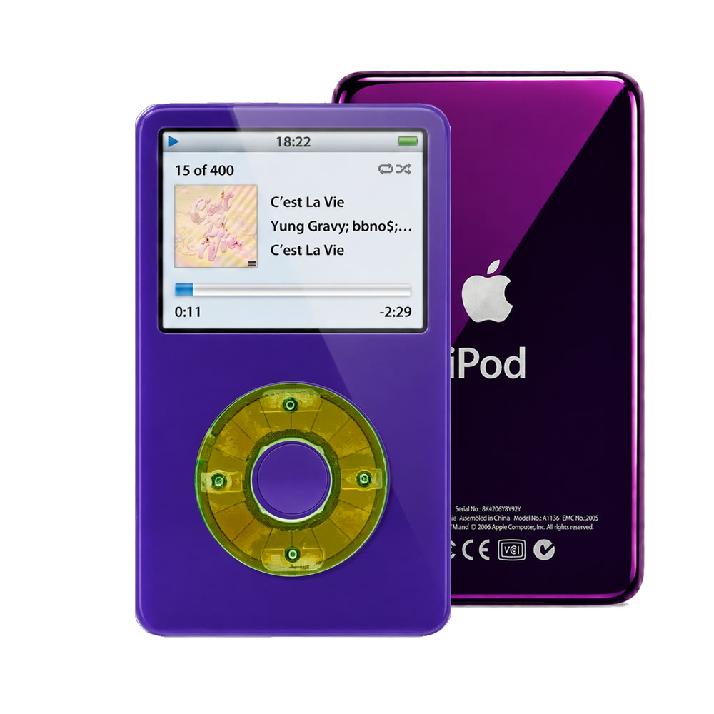 Purple refurbished iPod Video 5.5 Gen with Clear Silver Green click wheel and Purple back plate