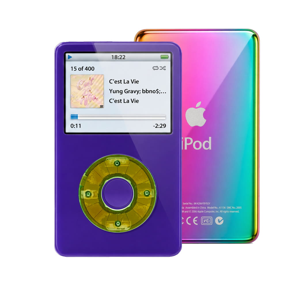 Purple refurbished iPod Video 5.5 Gen with Clear Silver Green click wheel and Rainbow back plate