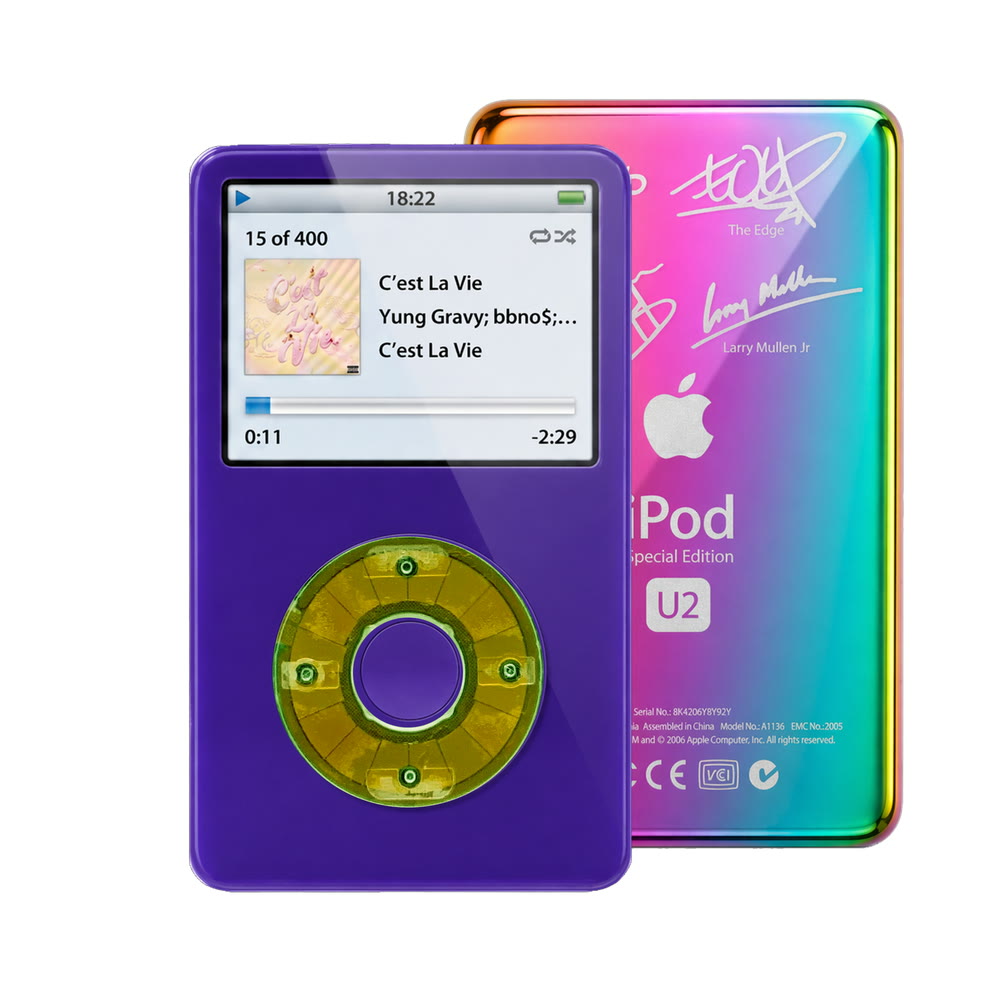 Purple refurbished iPod Video 5.5 Gen with Clear Silver Green click wheel and Rainbow U2 back plate