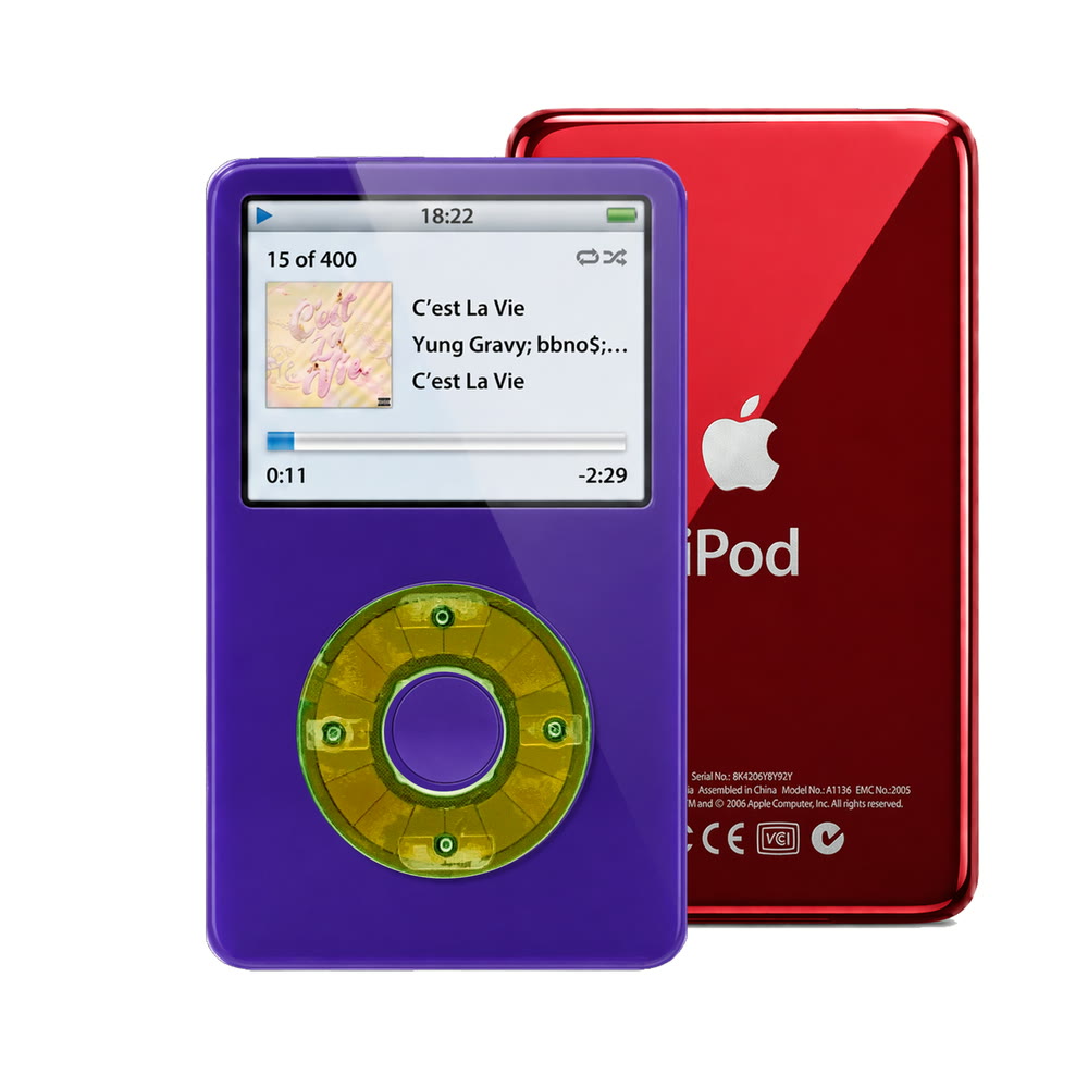 Purple refurbished iPod Video 5.5 Gen with Clear Silver Green click wheel and Red back plate